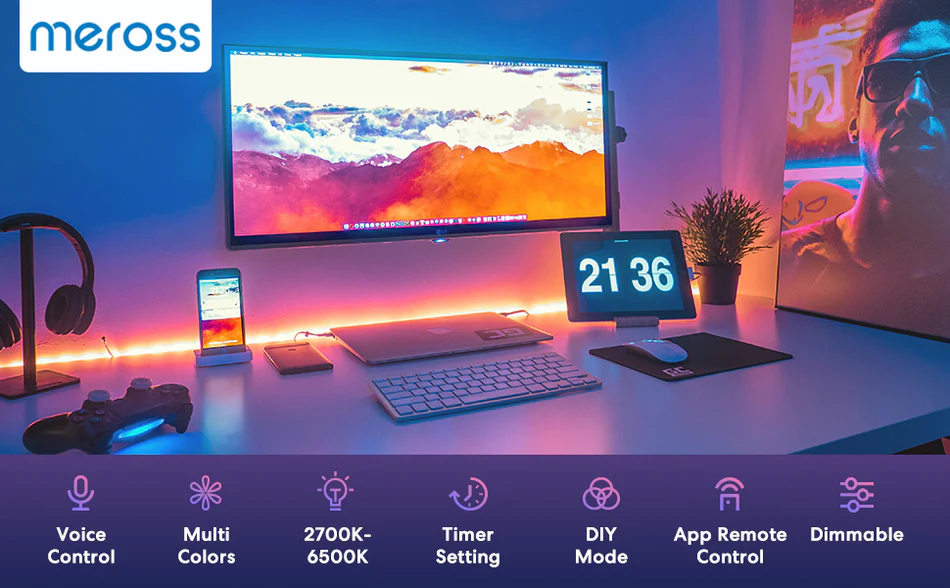 AppleHomeKitLightStripBanner1 Meross Smart LED Strip: 16.4ft WiFi, Apple HomeKit, Siri, Alexa, Google, SmartThings compatible. 16M colors, app control.
