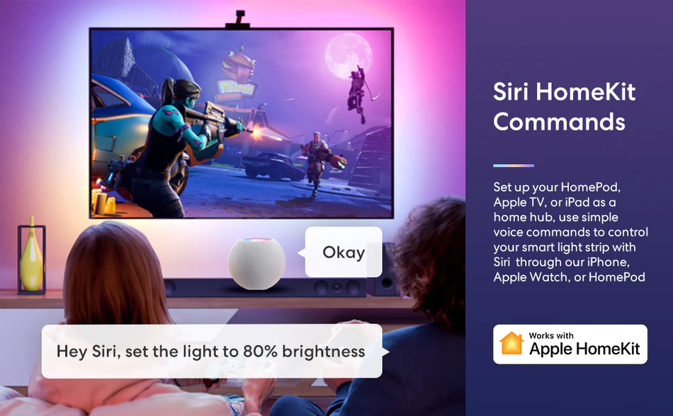 AppleHomeKitLightStripBanner3 Meross Smart LED Strip: 16.4ft WiFi, Apple HomeKit, Siri, Alexa, Google, SmartThings compatible. 16M colors, app control.