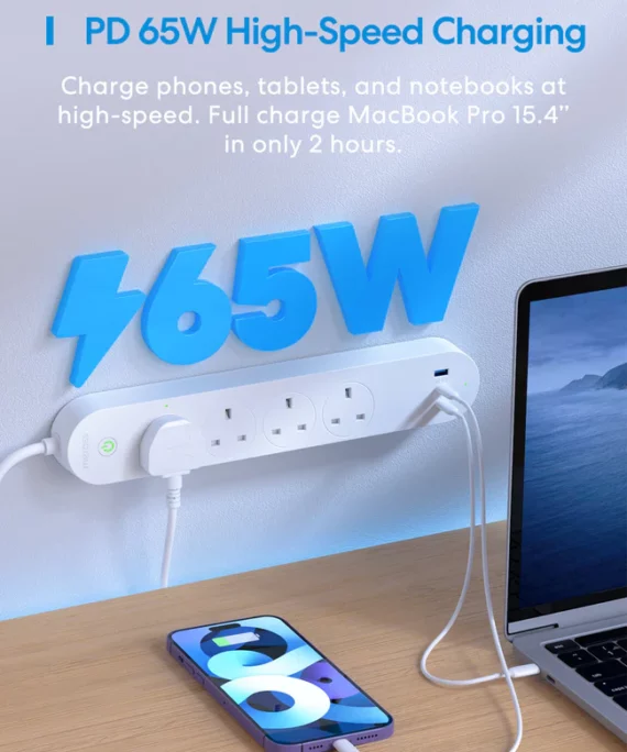 وصلة كهربائية ذكية 4 مأخذ كهربائية و 2 يو اس بي سي و 1 يو اس بي مع ميزة الشحن السريع 65 واط - ميروس